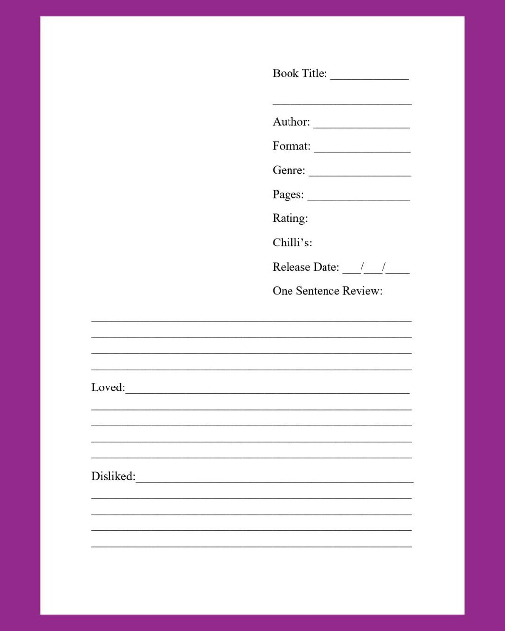 Reader Journal with reading challenges and review pages digital download