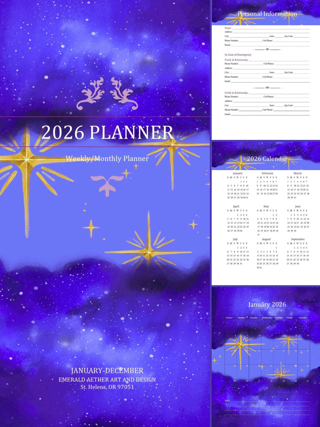 2026 Weekly/Monthly Digital Download Planner Stars Themed 100+ pages