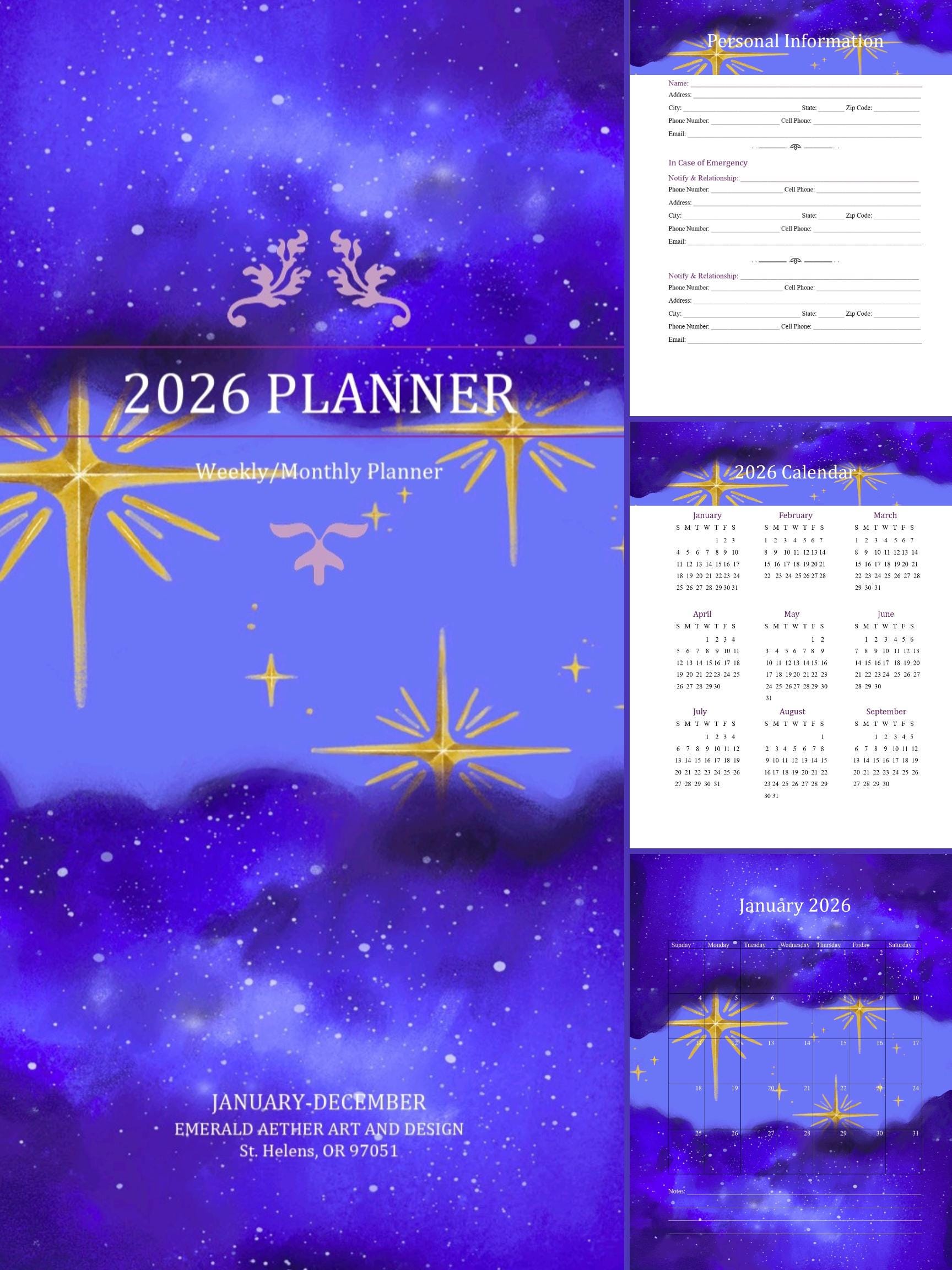 2026 Weekly/Monthly Digital Download Planner Stars Themed 100+ pages