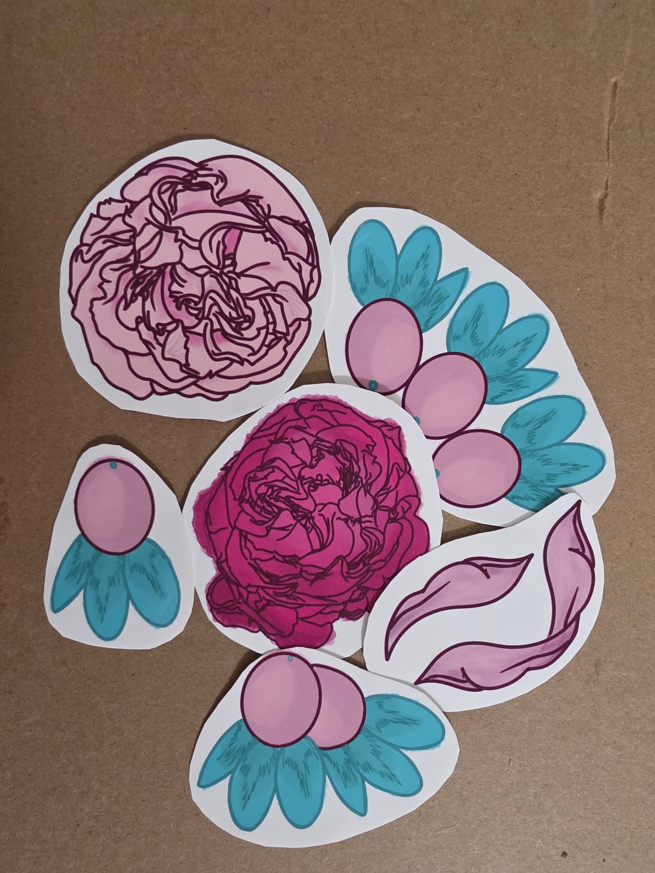 Watercolor 6pck Flowers and Berries Stickers pink and green color