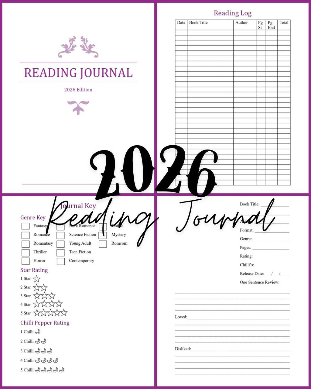 Reader Journal with reading challenges and review pages digital download