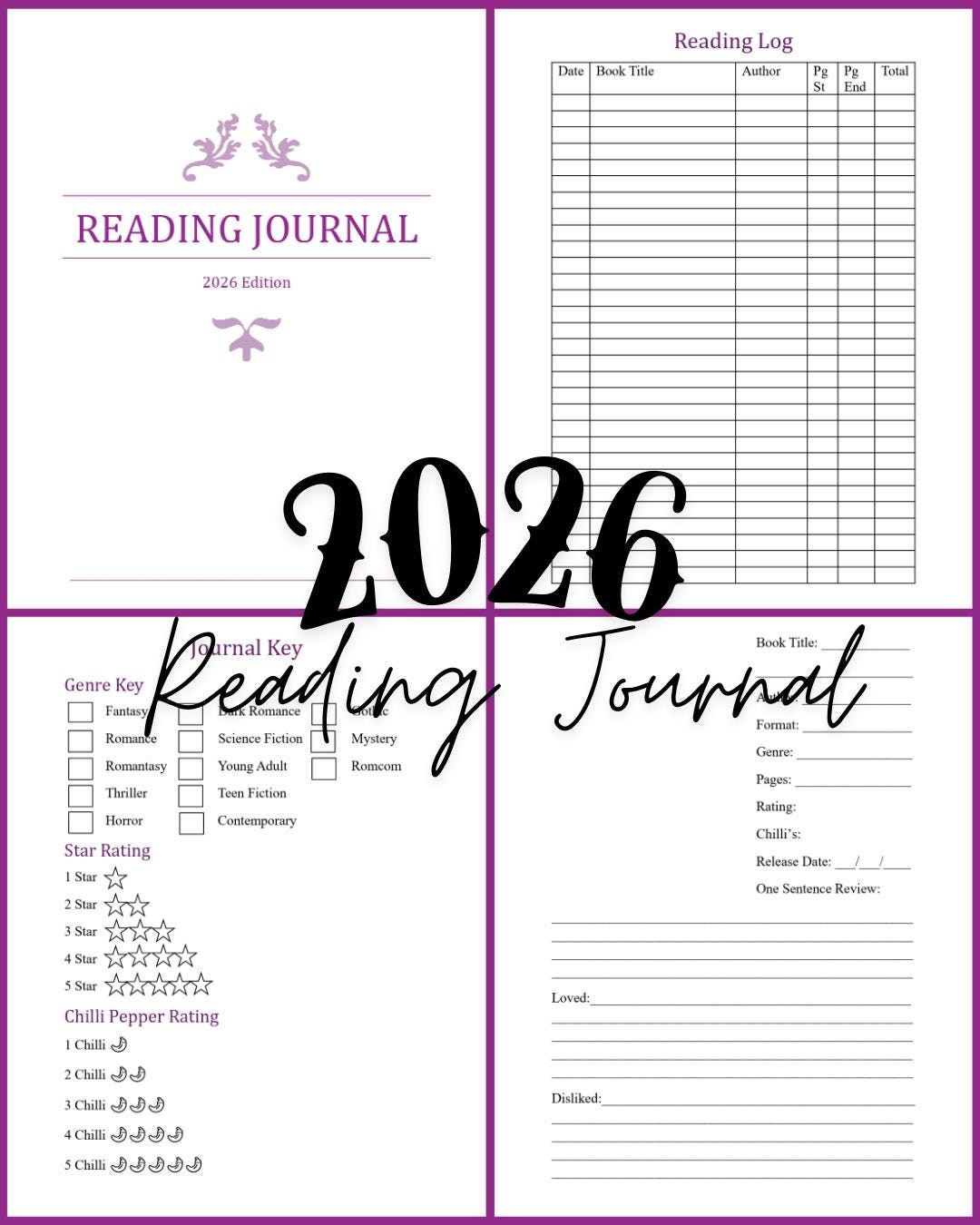 Reader Journal with reading challenges and review pages digital download